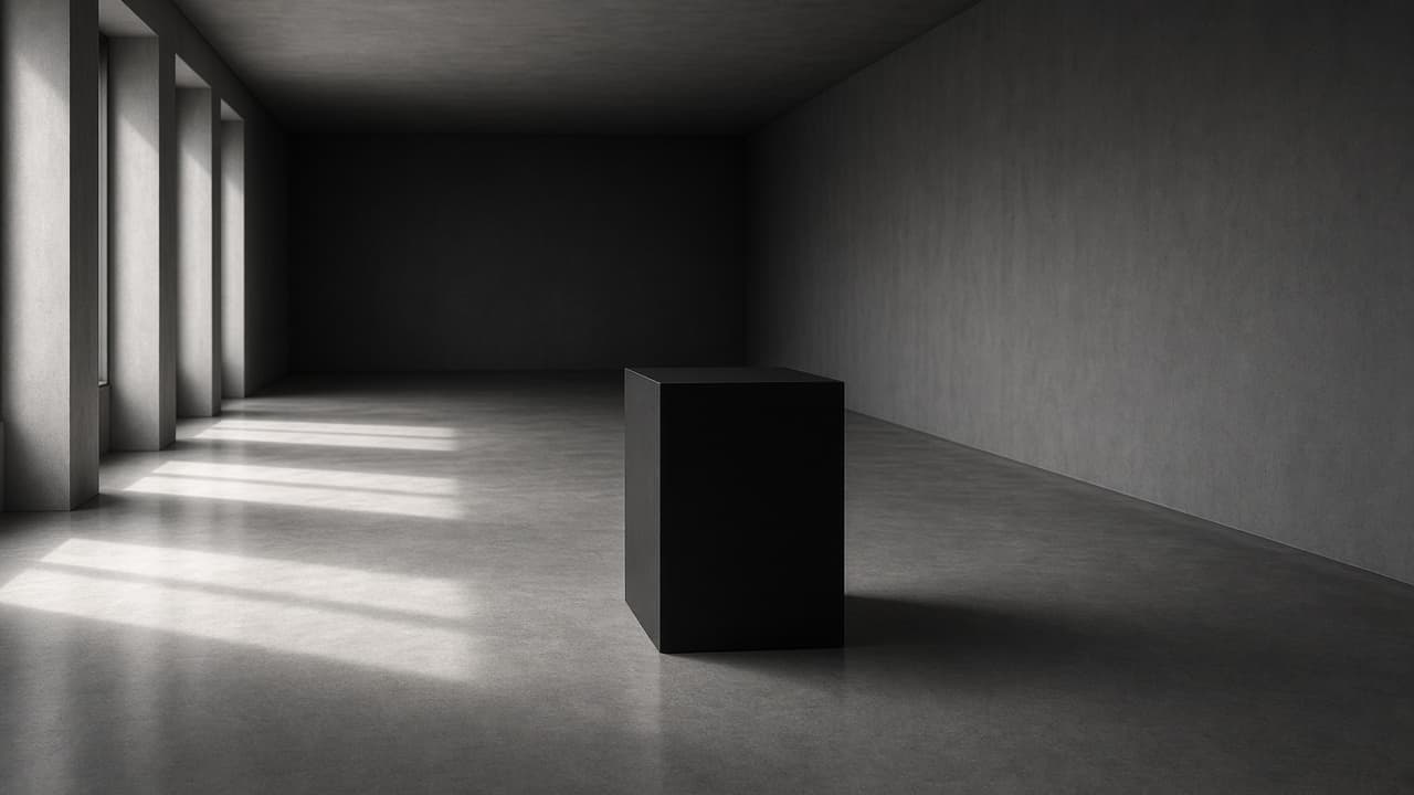 Empty concrete gallery with a single unused pedestal.