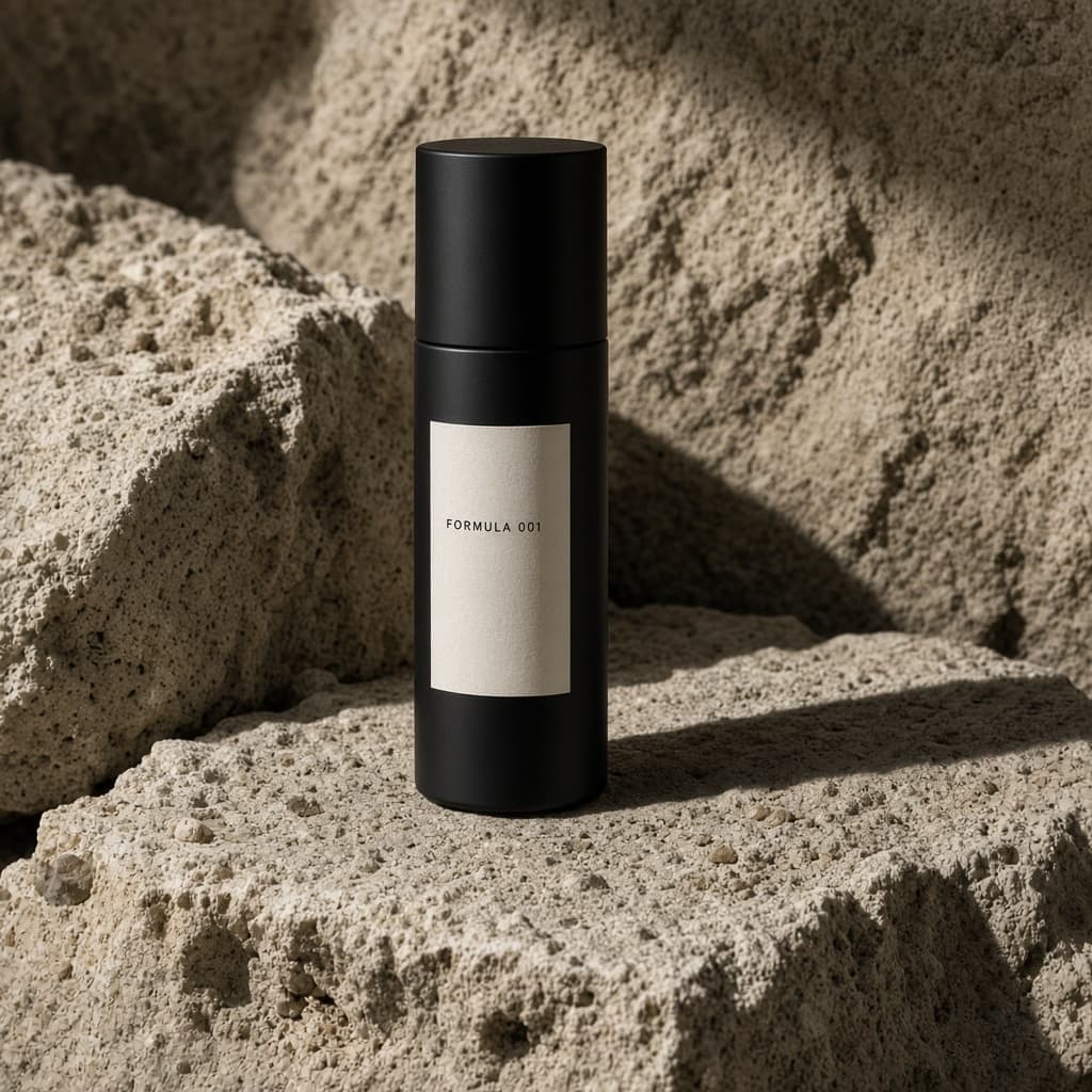 Concept still life of a matte black bottle labeled Formula 001 on pale stone.