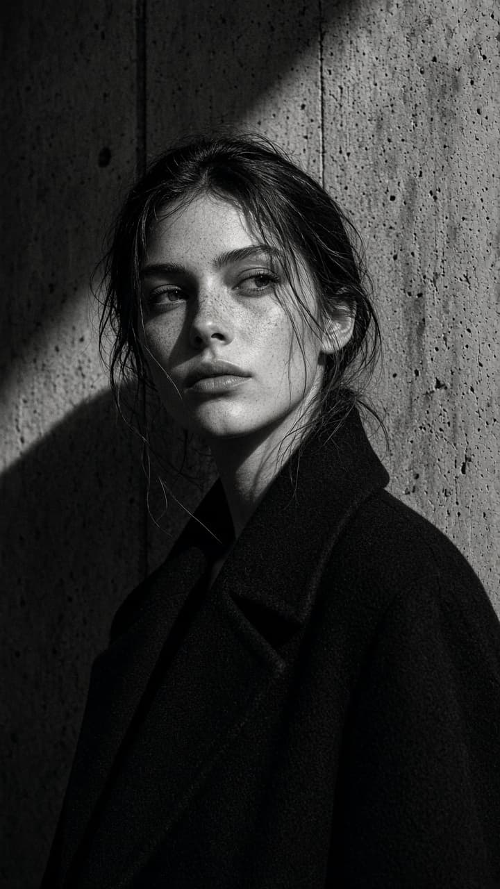 Concept portrait: a person in a black coat against concrete, skin left unretouched.