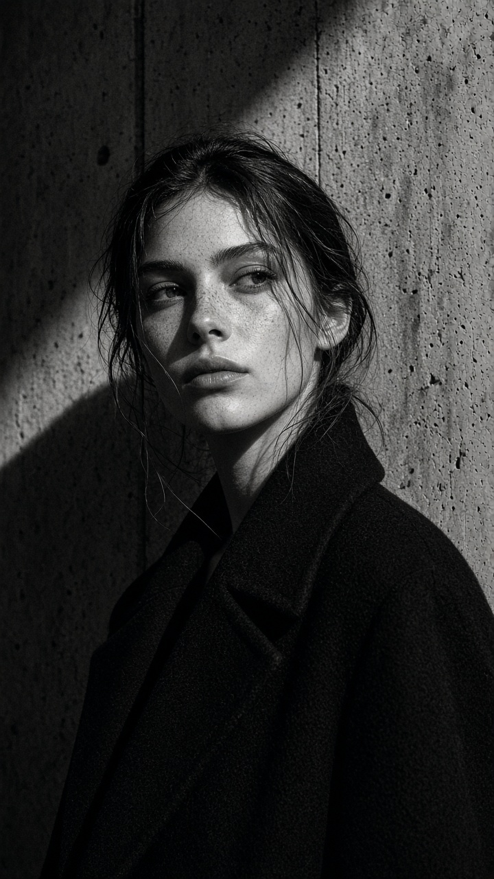 Concept portrait: a person in a black coat against concrete, skin left unretouched.